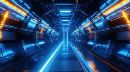 Fototapeta premium Futuristic blue tunnel with glowing neon lights, showcasing sci-fi architecture