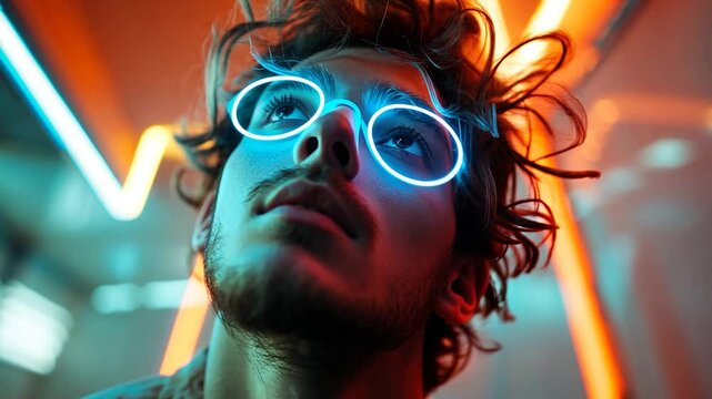Man Wearing Glowing Glasses Looking Up With Blue And Orange Neon Lights In The Background
