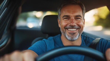 Obraz premium A smiling mature man drives, confidently gripping the steering wheel with a relaxed and joyful expression