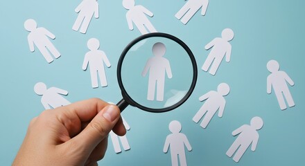 Recruitment concept with magnifying glass highlighting paper figure selection