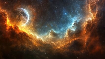 Fiery nebula, cosmic moon, space background, fantasy art