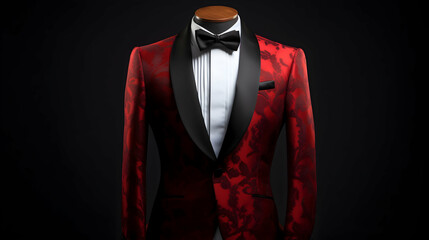 A crimson tuxedo, a bold statement of refined elegance, ready for a night of unforgettable glamour against a dark backdrop.