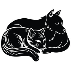 Obraz premium Black and White Vector Illustration of a Sleeping Cat and Dog, Cute Pet Animals, Friendship Concept, Minimalist Design