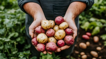 Farmer's Hands Holding Freshly Harvested Red and Yellow Potatoes in a Garden