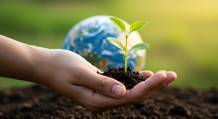 Holding Seedling with Earth Globe in Background for Environmental Concept