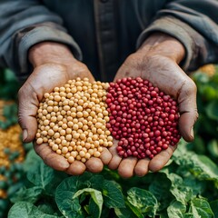 Farmer's Hands Holding Soybean and Red Bean Harvest Agricultural Abundance Close Up