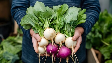 Freshly Harvested Turnips A Farmer's Hands Hold a Bountiful Crop of White and Purple Turnips