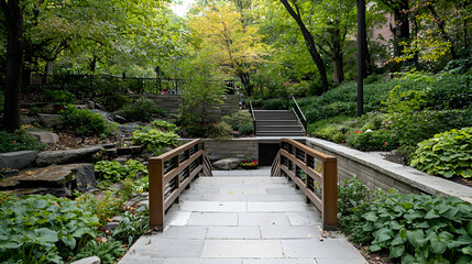 Rustic Garden Pathway With Wooden Bridge And Lush Greenery