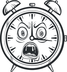 An angry cartoon alarm clock with a fierce expression and exaggerated features.