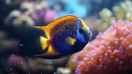 Obraz premium Vibrant Blue and Orange Angelfish Swimming in Coral Reef Ocean Habitat