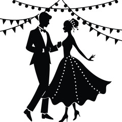 Silhouette of Elegant Couple Dancing at Prom: Formal Attire, Ballroom Dance, Party Celebration, Vintage Style Illustration