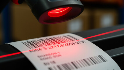 Macro of Barcode Scanner Reading Package Label
