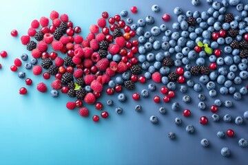 Fresh Berries Forming a Heart Shape on a Vibrant Blue and Purple Gradient Backdrop