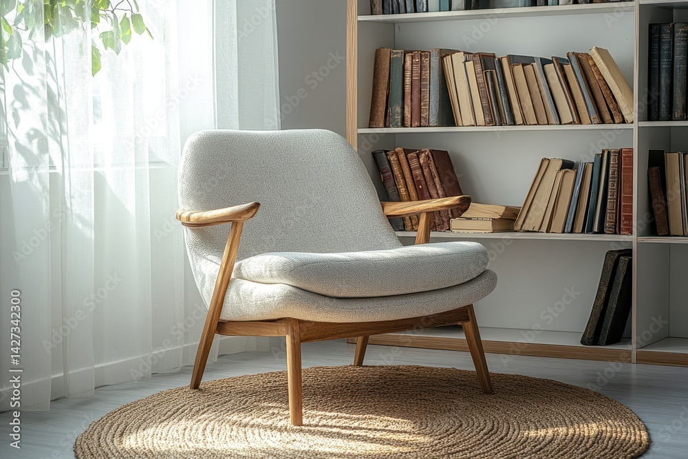 Poster cozy reading corner featuring a modern armchair beside a bookshelf filled with vintage books, illumi
