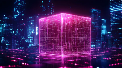 Fototapeta premium Glowing Neon Cube In Futuristic Cityscape