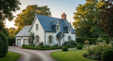 Obraz premium Two-story house with steep slate roof, brick chimney, and well-maintained garden in a serene wooded area