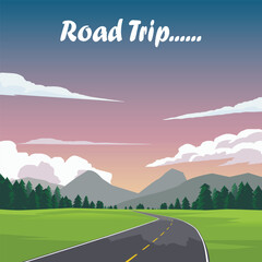Vector poster of square Road Trip. Winding asphalt road with a yellow center line. Passing through a vibrant green landscape with pine trees. Mountains under a evening sky with fluffy white clouds.