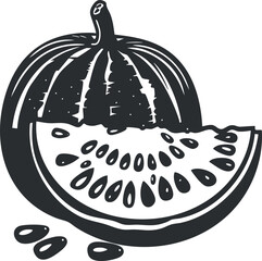 Black and white illustration of a watermelon with a sliced segment showing seeds and texture.