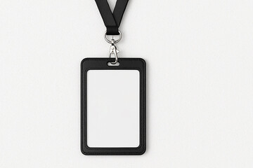 Blank black vertical ID card holder mockup with lanyard isolated on white background