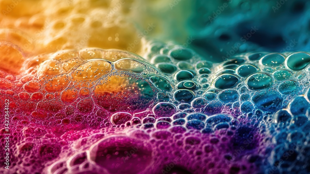 Leinwandbilder Macro View of Vibrant Soap Foam Displaying Colorful Light Reflections in a Bright Atmosphere