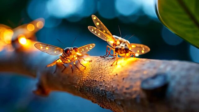 Nocturnal Insects Illuminated on a Tree Branch Against a Blurred Bokeh Background