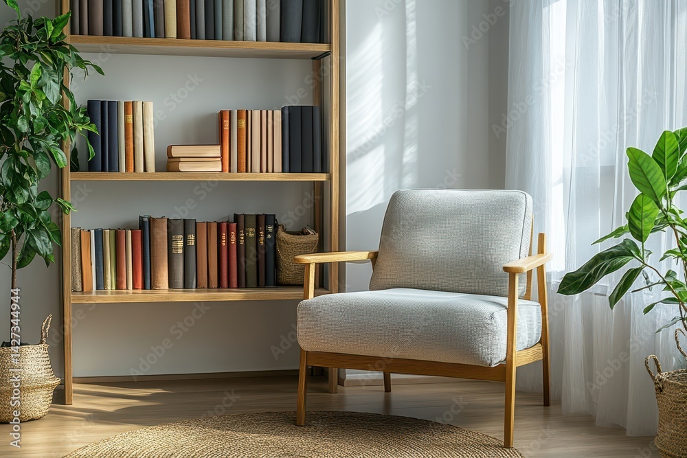 Poster cozy reading corner featuring a modern armchair beside a bookshelf filled with vintage books, illumi