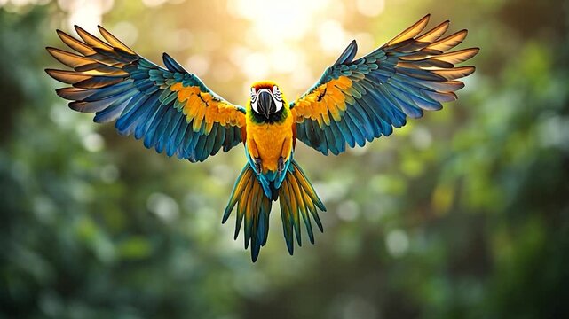 Vibrant Parrot in Flight with Spread Wings Against Green Foliage with Sunlight