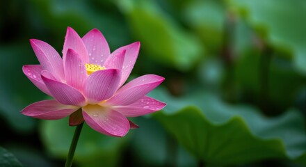 Obraz premium A Pink Lotus Blossom in its Natural Habitat: A Stunning Close-Up of a Water Lily with Dew Drops