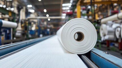 Roll of White Fabric on a Conveyor Belt in Textile Factory Environment