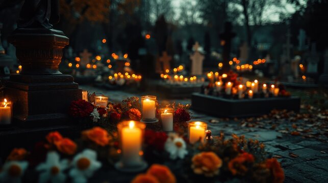 Candlelit Cemetery: A Tranquil Evening of Remembrance and Reflection