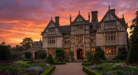 Naklejka premium Historic half-timbered mansion with garden at sunset