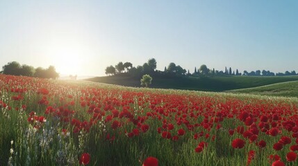 Obraz premium Sunrise over a field of vibrant red poppies.