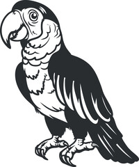 An artistic illustration of a parrot featuring intricate details and bold outlines.