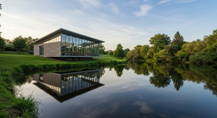 Obraz premium Modern glass pavilion with stone exterior beside a calm pond in a park