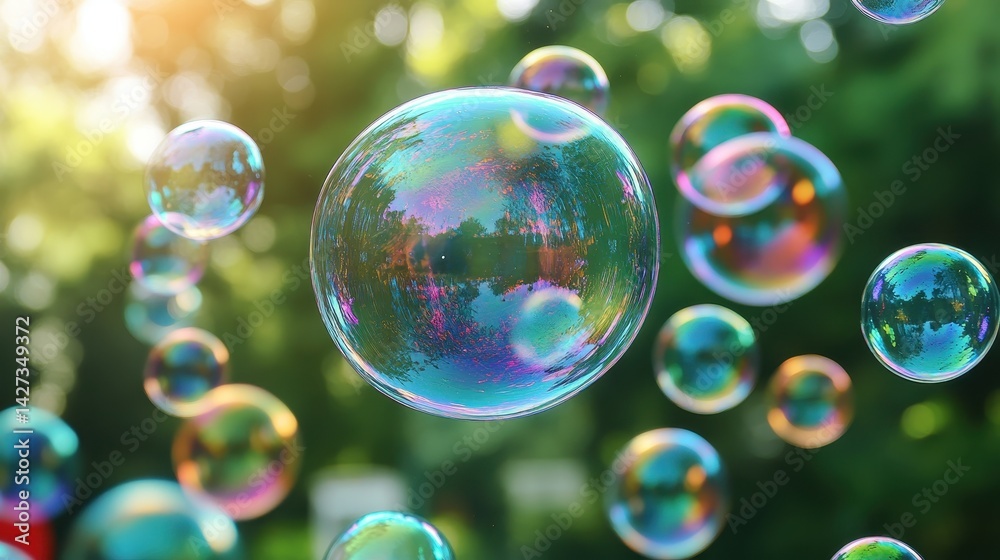 Poster bubbles floating in sunlight above a garden with green foliage during a warm afternoon, showcasing a