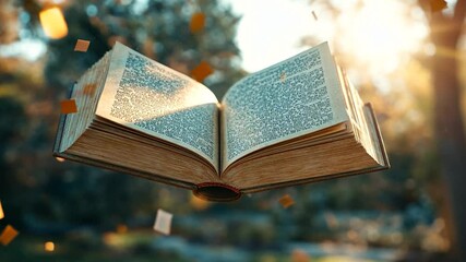 Open Book Floating In Air With Confetti against Green Background Sunny Light Reading Concept - Powered by Adobe