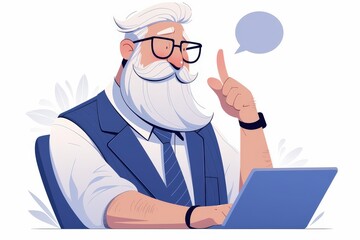 Bearded man at a laptop with a thought, wearing glasses and vest