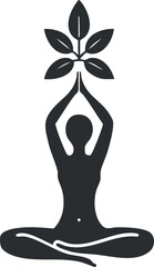 A silhouette of a person meditating with a plant symbolizing growth and wellness.