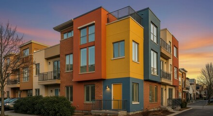 Obraz premium Modern residential complex with colorful facades and parked cars at dawn or dusk