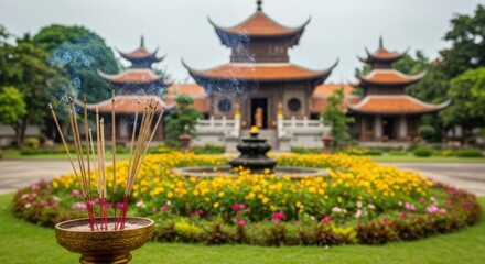 Fototapeta premium Serene Temple Courtyard with Incense Burning, Tranquil Asian Architecture and Lush Floral Gardens