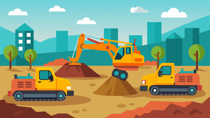 Fototapeta premium Heavyduty machinery such as bulldozers and excavators through the earth to prepare for the foundation.. Vector illustration