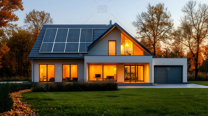 Modern Home With Solar Panels At Sunset