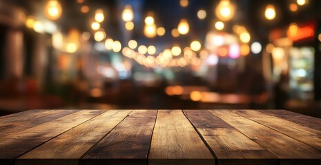 Wooden table top in a dimly lit restaurant.  Bokeh lights create a warm ambiance