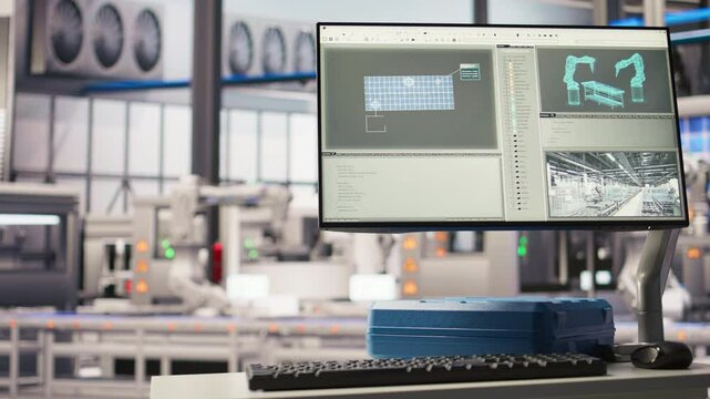 Display in industry 4.0 solar panels plant troubleshooting equipment malfunctions through IoT sensors. Monitor in smart photovoltaics factory alerting in case of maintenance need