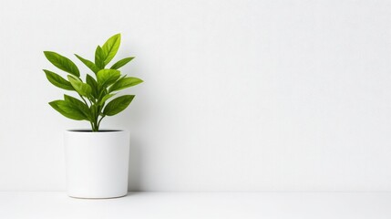 A green potted plant sitting on a white shelf against a minimalistic white background, and showcasing simplicity and modern interior design.