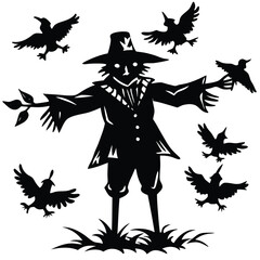 Fototapeta premium Silhouette Scarecrow with Birds: Black and White Illustration for Autumn Harvest Season
