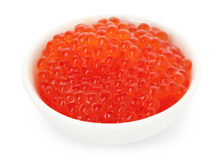Delicious red caviar in bowl isolated on white