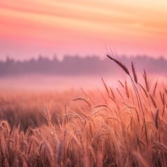 Golden wheat field under a vibrant pink and orange sunset sky, with soft mist on the horizon.