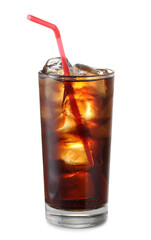 Glass of cola with ice cubes isolated on white