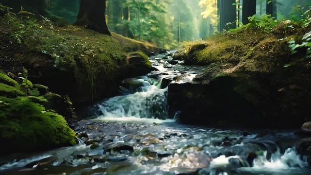 a lus green forest stream with rocks and moss with sunlight flickering on water